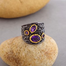 Amethyst Silver Band Hammered Ring Natural Sterling 925 Gemstone Stackable