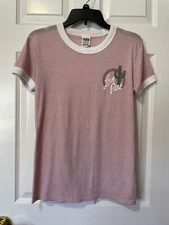 Victoria Secret Pink Crew Neck Ringer Tee SS Lt Pink, Logo w/Cactus Size XS