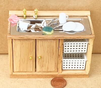 Puppenstube Spüle Unterschrank Kieferfarben mit Abwasch Maßstab 1:12 Küche KM Tumdee