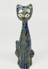 Lovely Vintage Art Pottery 'Dripware' Grey and Blue Seated Cat Figurine