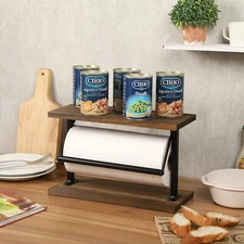 Rustic Wood & Metal Kitchen Paper Towel Holder Countertop Rack w/ Top Shelf