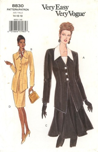 Vogue 8830 Top w Detachable Dickey, Flared or Straight Skirt SUIT Sz 14-18 UNCUT