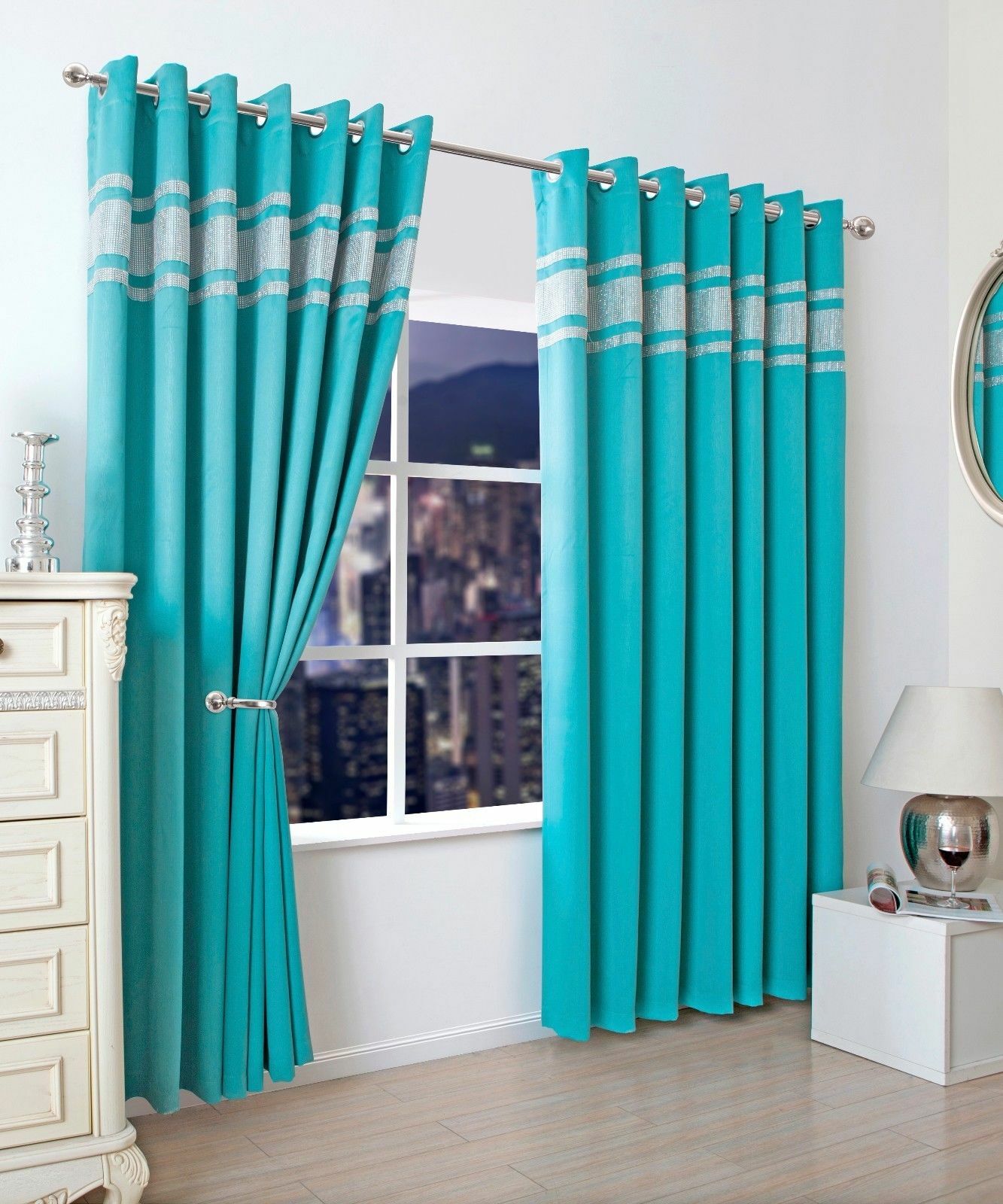 New Diamante Thermal Blackout Curtain Pair Eyelet Top Energy Saving
