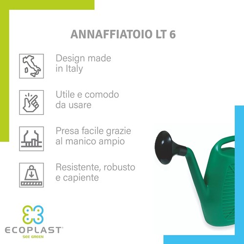 Annaffiatoio Innaffiatoio verde con manico e doccetta plastica 6 LITRI - Foto 3 di 12