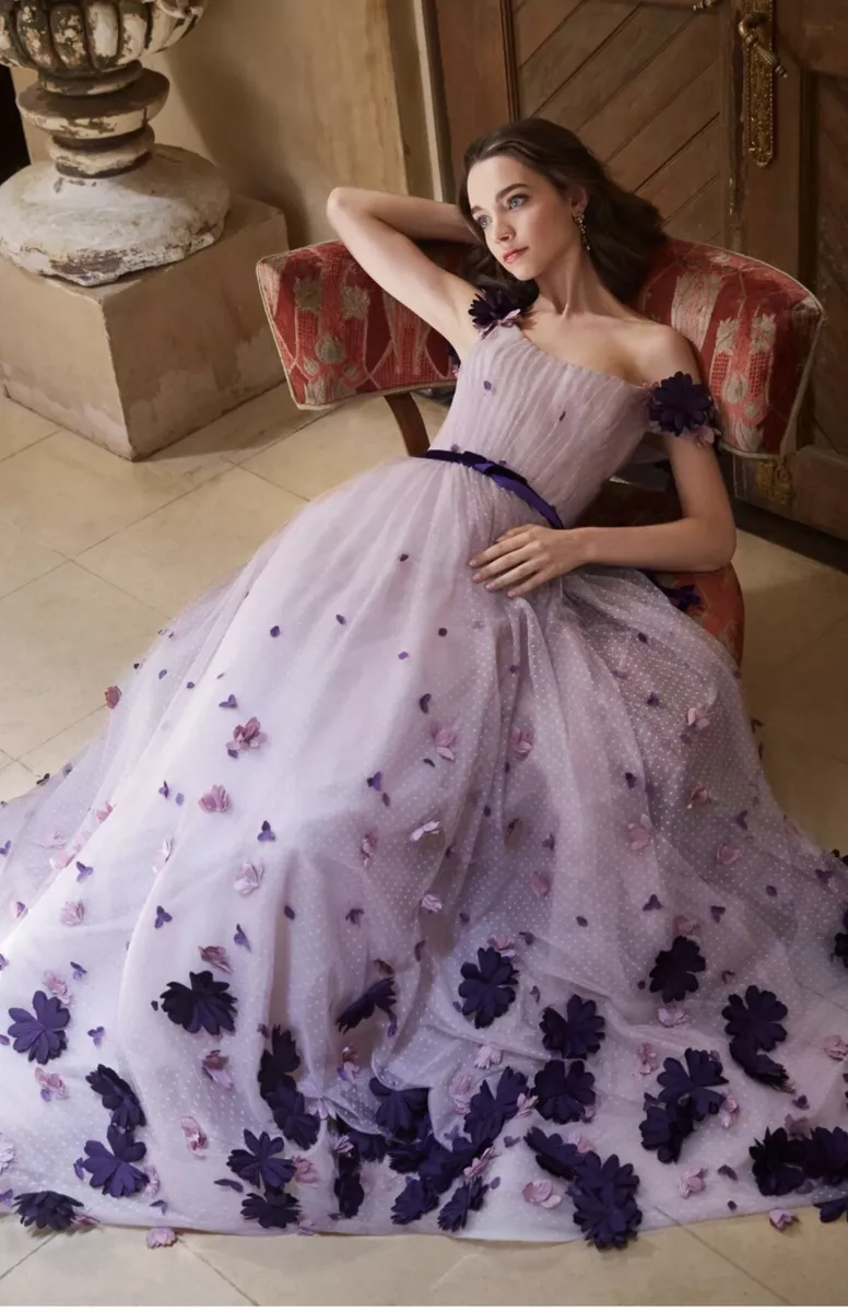 NWT Marchesa Notte Purple Floral Dress Applique Maxi Gown 3D Floral Sz 4