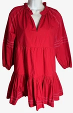 Hyacinth House Tuckernuck Dress XS Red Pink Embroidery Puff Boho Sleeves Mini