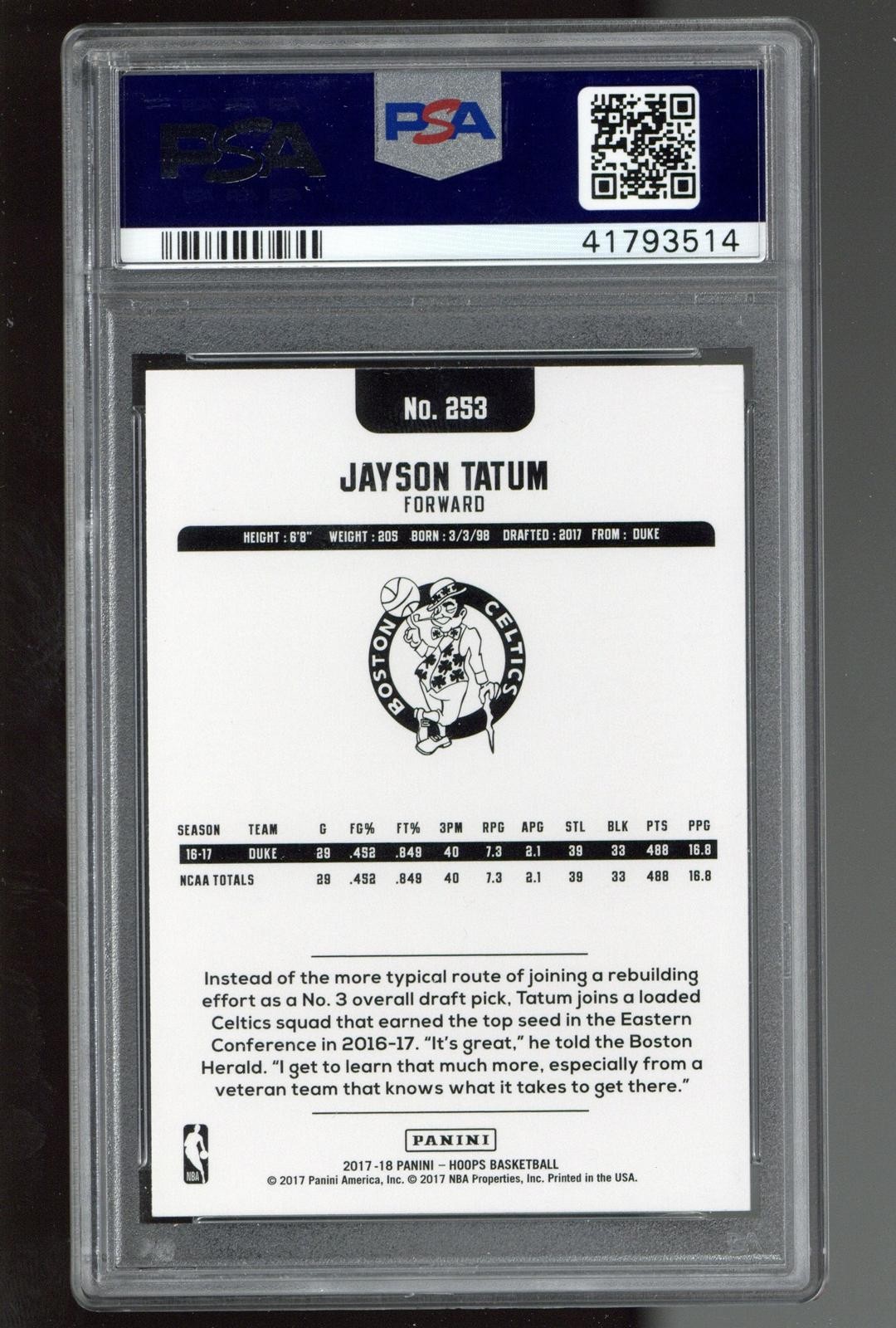 2017-18 Hoops #253 Jayson Tatum PSA 10 ROOKIE RC view 2