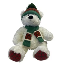 Hug fun Plush White Teddy Bear Winter Red Green Hat Scarf 18" Christmas