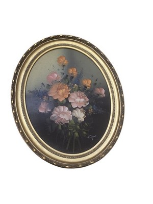 Vintage ovale Rosen Ölgemälde signiert J Cooper verzierter Goldrahmen