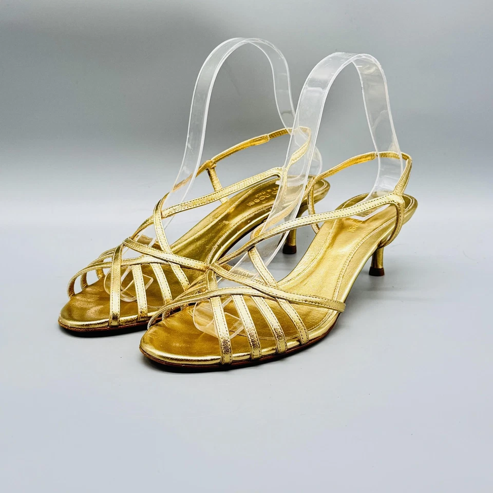 Sandalias Sergio Rossi para mujer 8,5 cuero dorado con tiras tacones de gatito Foto 4 de 4