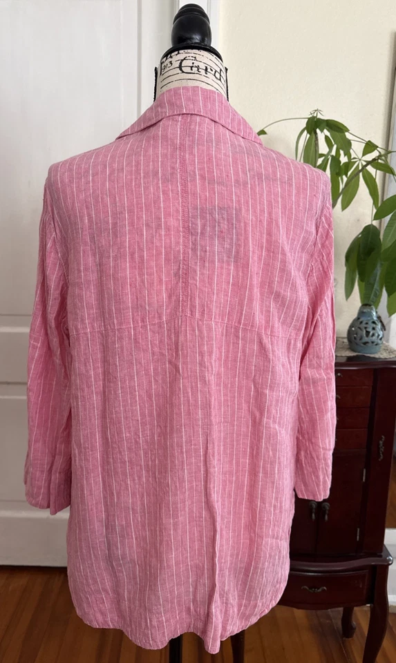 Charter Club Mujer Talla L Rosa Rayas Manga 3/4 Lino Popover L766 Foto 3 de 4