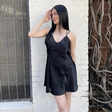 Vtg Y2k Fredericks Hollywood Mini Slip Dress Black Satin Gown Strappy Glam 90s S