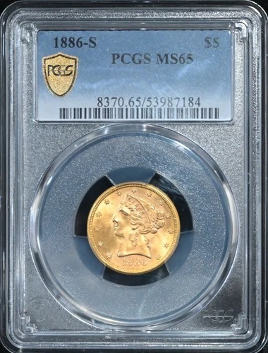 1886-S $5 Gold Liberty Coin PCGS MS65 Gem Low Pop Only 3 Higher