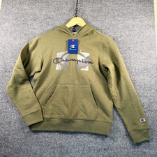 Champion Boys Hoodie Olive Green Script Over Logo Pocket Size Large NWT