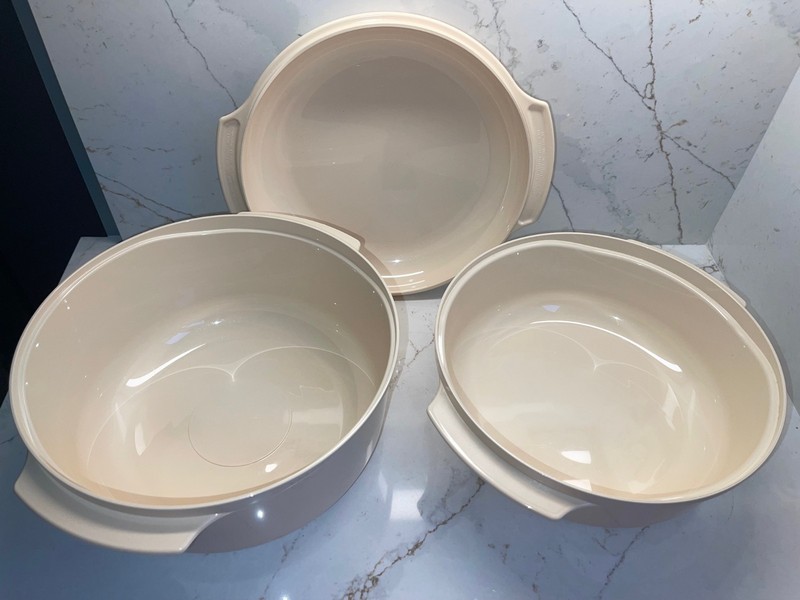 Tupperware Microwave Stack Cooker Steamer Almond 3-Piece Set Vintage + Recipes