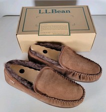 LL Bean Mens Wicked Good Slippers Moccasins Brown Suede Shearling 14 Wide 296508