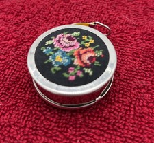 VTG Germany Needle Petit Point Roses Floral Oval Sewing Measure Tape Retractor