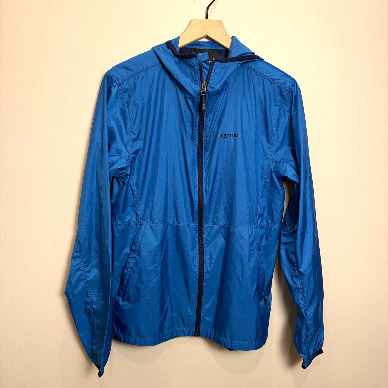 Marmot Mens S Ultra Light Thin Packable Windbreaker Jacket Hooded Ripstop Blue