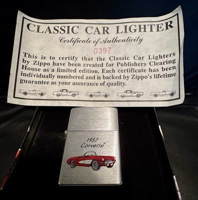 ZIPPO 1996 RED CORVETTE 1957 BRUSHED CHROME LIGHTER SEALED UNFIRED IN TIN COA