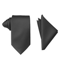 Mens Solid Color Formal Wedding Casual Necktie and Pocket Square Charcoal