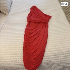 Halston Heritage Dress Womens 2 Red One Shoulder Ruched Asymmetrical Cocktail