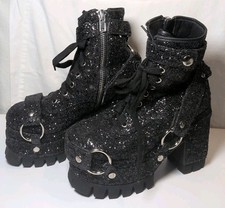 Women's Platform Black Glittery Chunky Heel Chained Club Gothic Boots Size 6M