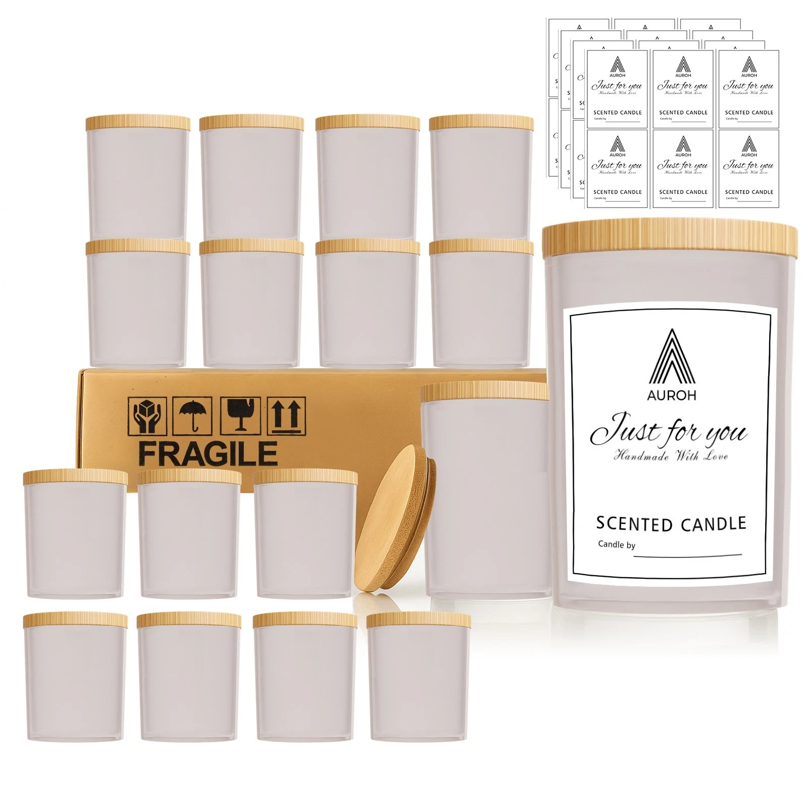 Frosted Empty Candle Jars 15 Pack 7 OZ with Bamboo Lids and Sticky Labels