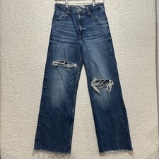 Zara Blue Denim Ripped Raw Hem High-Rise Straight Wide Leg Jeans Size 6