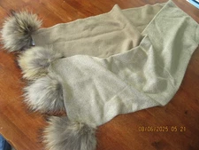 Mitchie’s Matchings Woven Wool Scarf Raccoon Fur Pom Pom Beige/Gold Threads 66X9