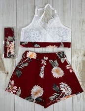 Shein Girls Red Floral Top Shorts Set Size 100 3-4 Yrs Sleeveless Beach A1718