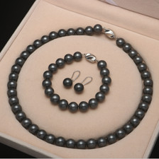 10MM Round Black Sea Shell Pearl Necklace Bracelet Earrings Set Mother Girl Gift