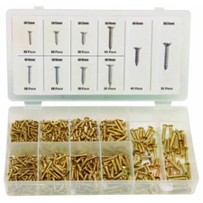 500 Piece Brass Plated Wood Screw Assortment self-tapping screws with organizer