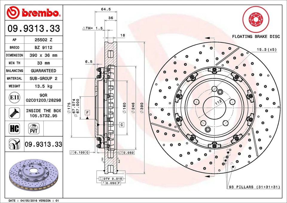 Rotor de freno de disco delantero Brembo 09.9313.33 390 mm para Mercedes-Benz AMG GT C 18-21 Foto 2 de 3