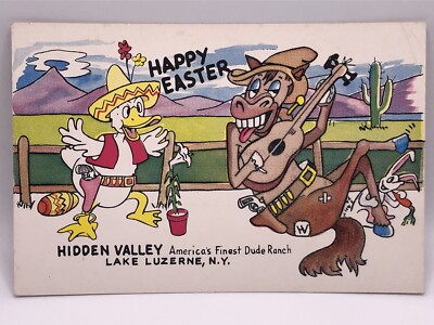 Postcard Happy Easter Hidden Valley Dude Ranch Lake Luzerne New York Posted