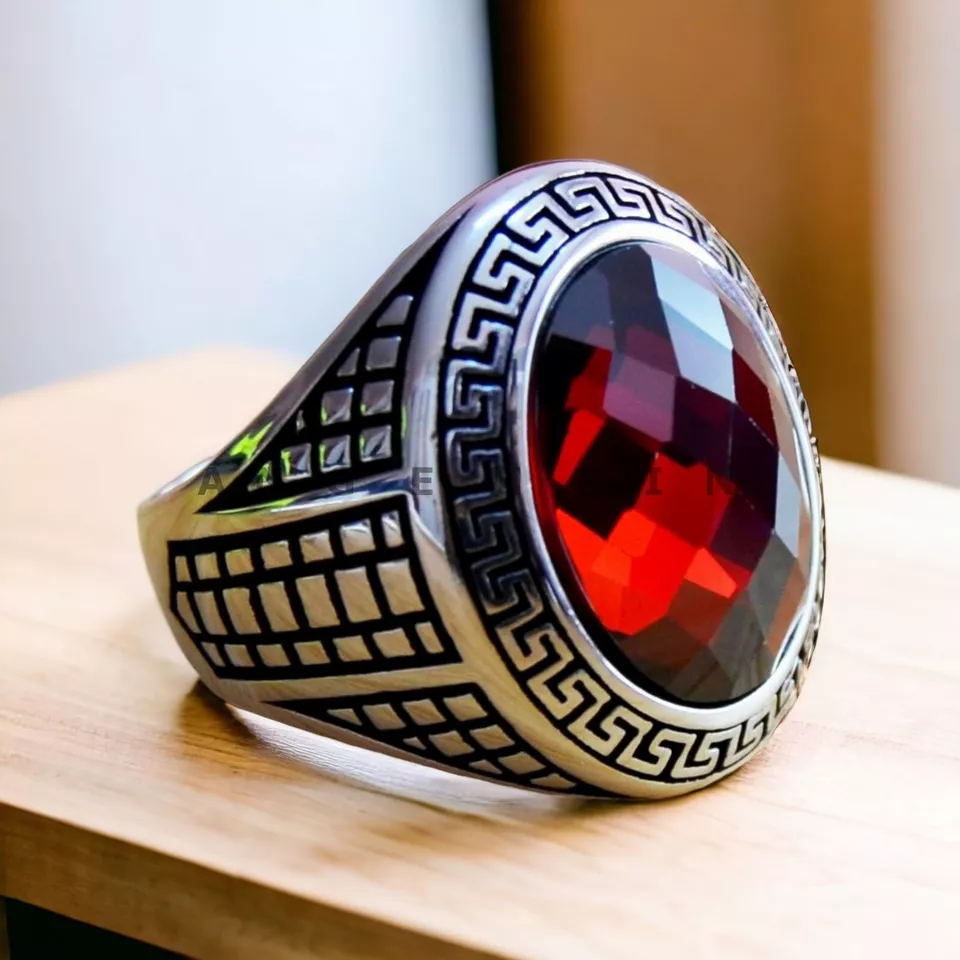 石榴石宝石带 925 纯银戒指 男式 #AL735 — 第 2/4 张图片