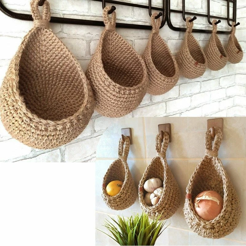 Wall Hanging Vegetable Fruits Storage Baskets Natural Wicker Woven Kitchen  Shelf