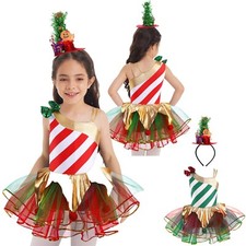 Kids Girls Christmas Costume Stripe Leotards Tutu Dress Ice Skating Dancewear