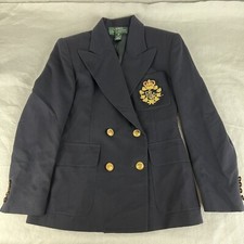 Ralph Lauren Women's Blazer Navy Blue Gold Button Crest Logo Suit Jacket Size 2P