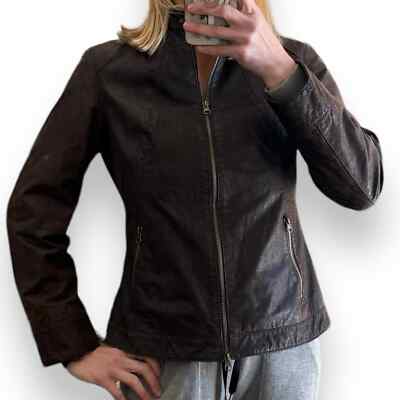 Genuine Leather bomber jacket brown vintage sz M zip up Moto