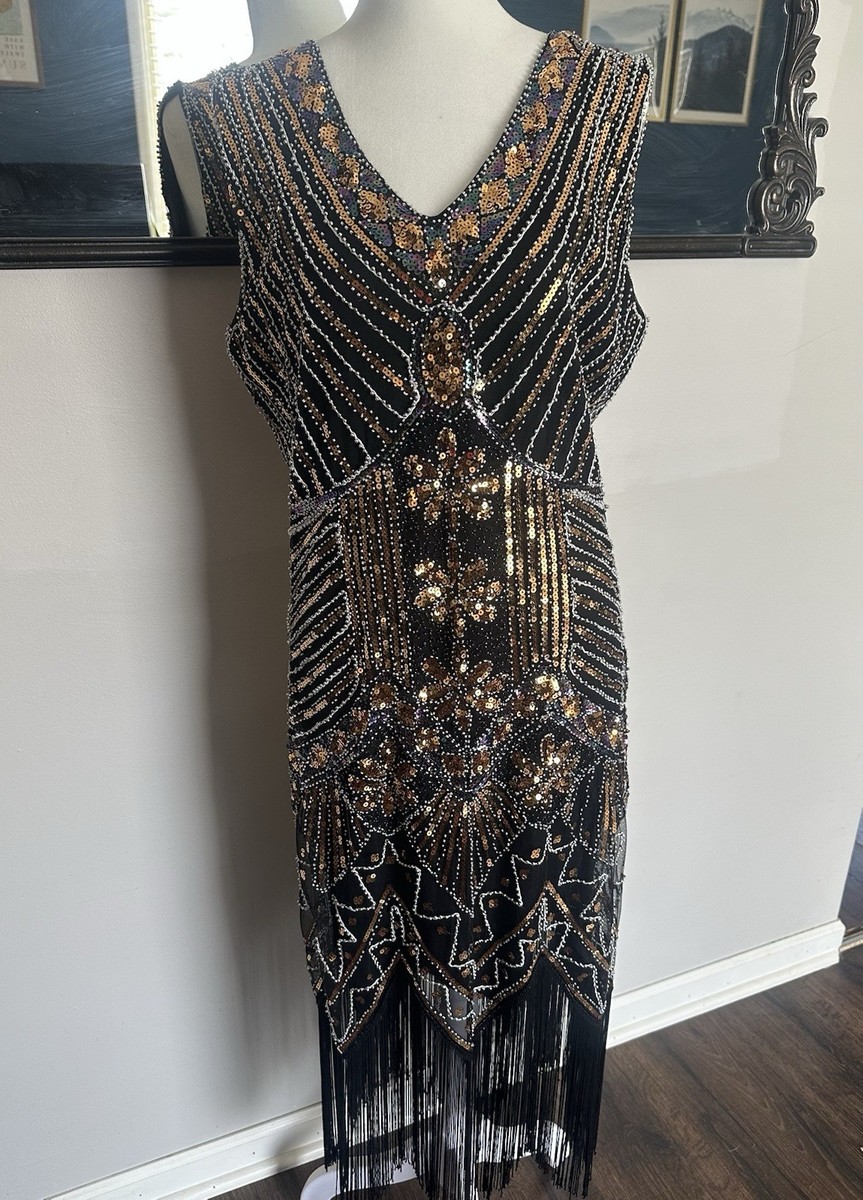 blue dress for baby girl BABEYOND Off Shoulder Sequin Beaded Flapper Dress, Women Great Gatsby 1920s Party Dress, Champagne, Size S