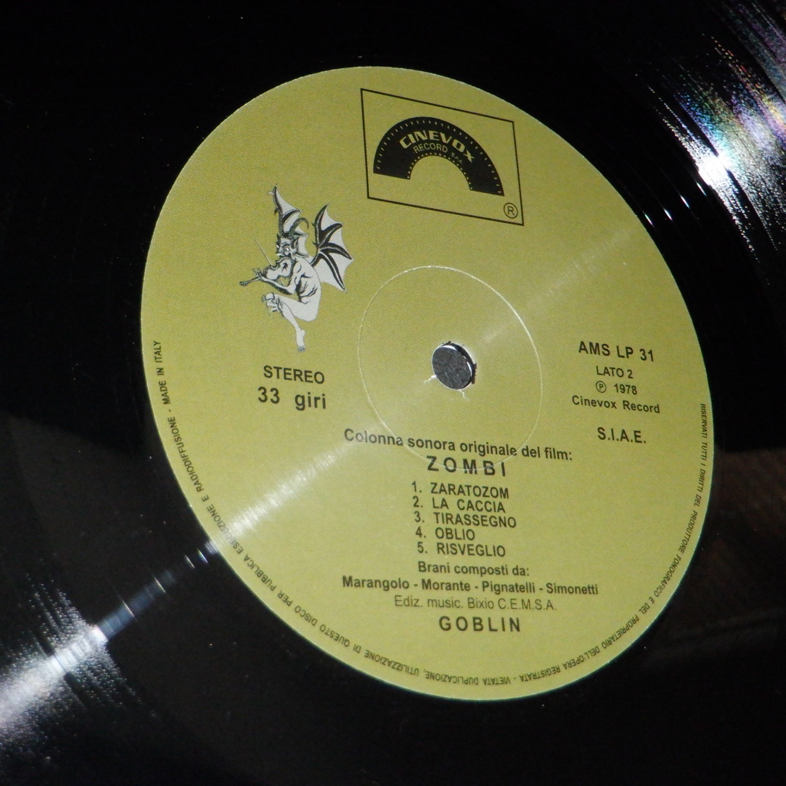 GOBLIN vinyl ZOMBI Org Soundtrack WHITE GOBLIN 1978 ITALY pressing CINEVOX  EX!