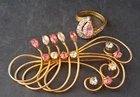 Vintage Costume Jewelry Lot Pink Clear Rhinestone 1940'2 Brooch + 14k GE Ring
