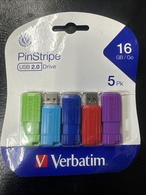 Verbatim PinStripe 16GB USB 2.0 Flash Drive Multicolor 5 Pack Windows Mac OS