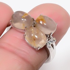 Golden Rutilated Quartz  White Topaz 925 Sterling Silver Ring Adjustable R85 