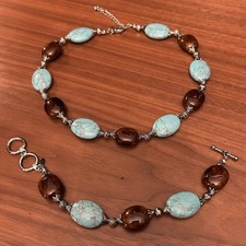 Boho Southwestern Jewelry - Brown Turquoise Stone Necklace and Bracelet Set