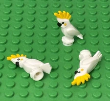 Lego 3 White Parrot Cockatoo Bird w/ Yellow Crest and Cheeks,Black Eyes and Beak