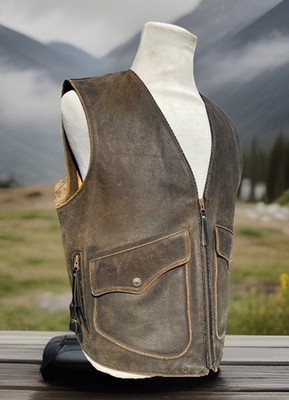 Harley Davidson BILLINGS Distressed Brown Leather Vest Men's Large Biker