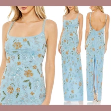 NWT Mac Duggal [ 14 ] 10808 Spaghetti Strap Hand Beaded Floral Gown Blue #S1399