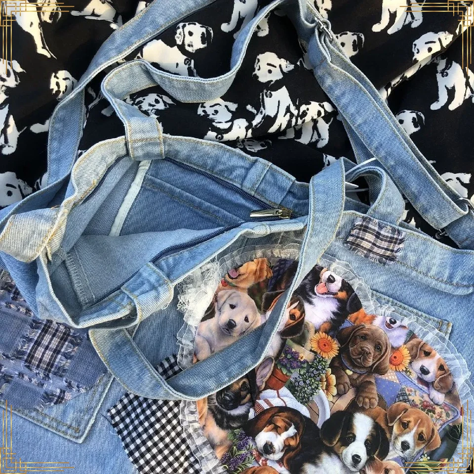 WOMEN BAG Y2K Fashion Denim Lace Dogs Patchwork Vintage Crossbody Shoulder Tote - Imagem 4 de 4