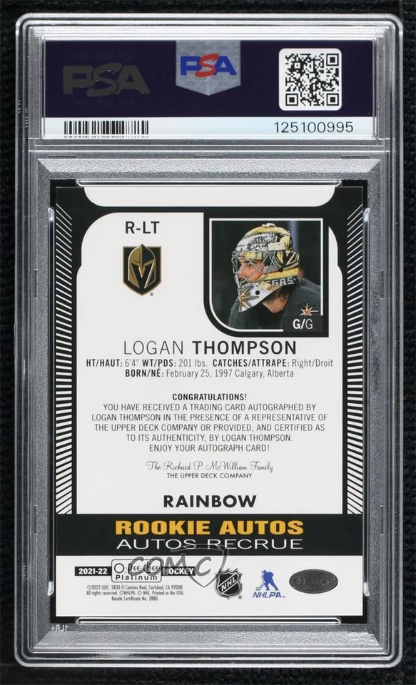 2021-22 O-Pee-Chee Platinum Rookie Rainbow Logan Thompson PSA 10 GEM MT Auto RC - Image 2 of 2